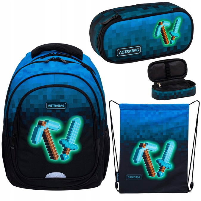 Zestaw wyprawka szkolna plecak 27l piórnik worek Minecraft Blue Pixel Astra