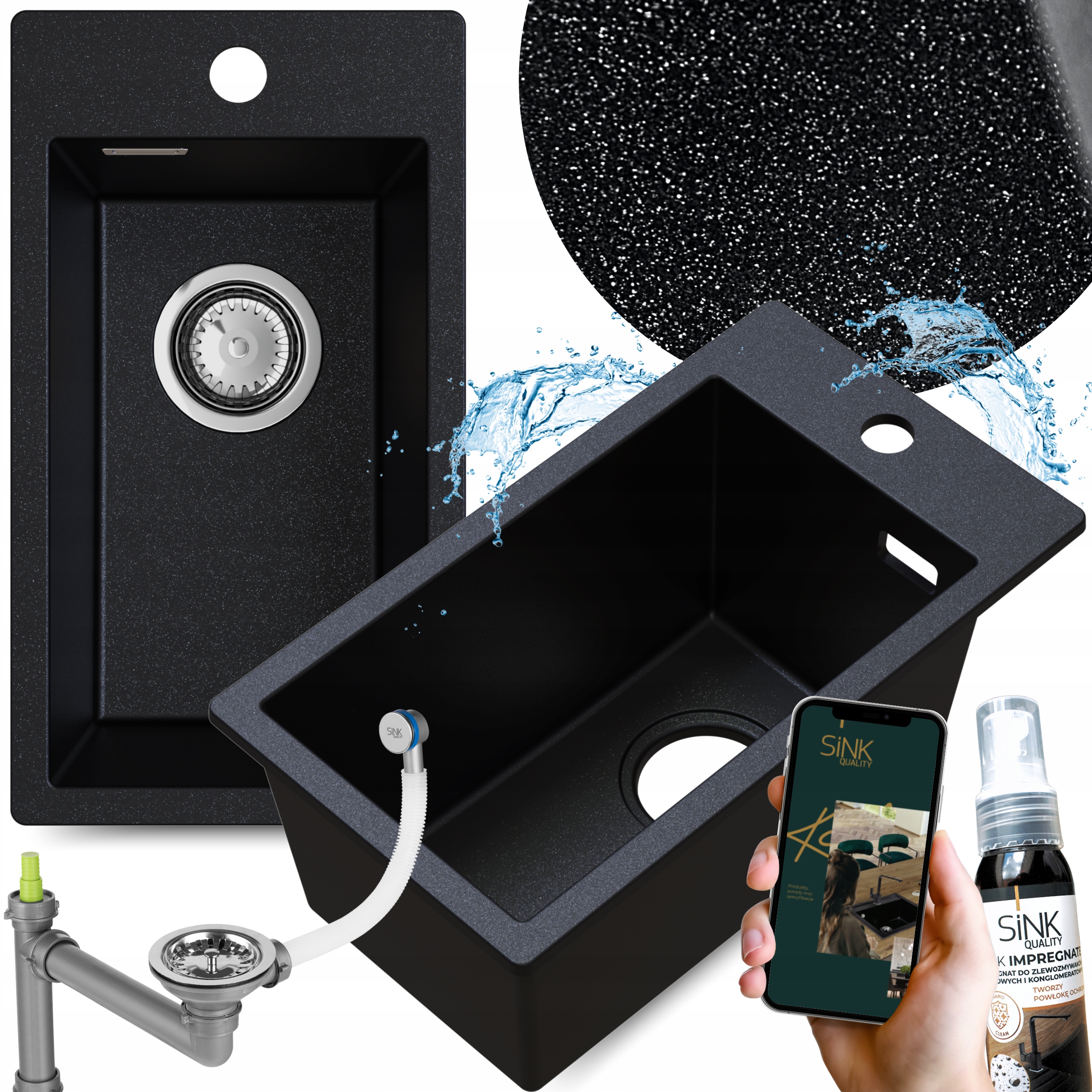 Granitový dřez, lesklé částice, Jednokomorový, Malý, Úzký, kuchyňský