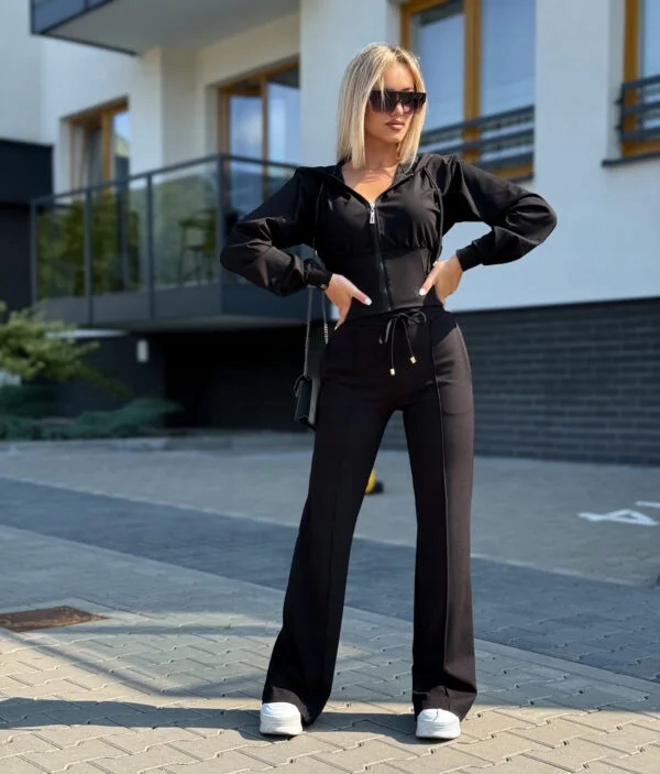 Dámská Tepláková Souprava Korzetová Mikina S Kapucí Kalhoty Wide Leg Černá Xs