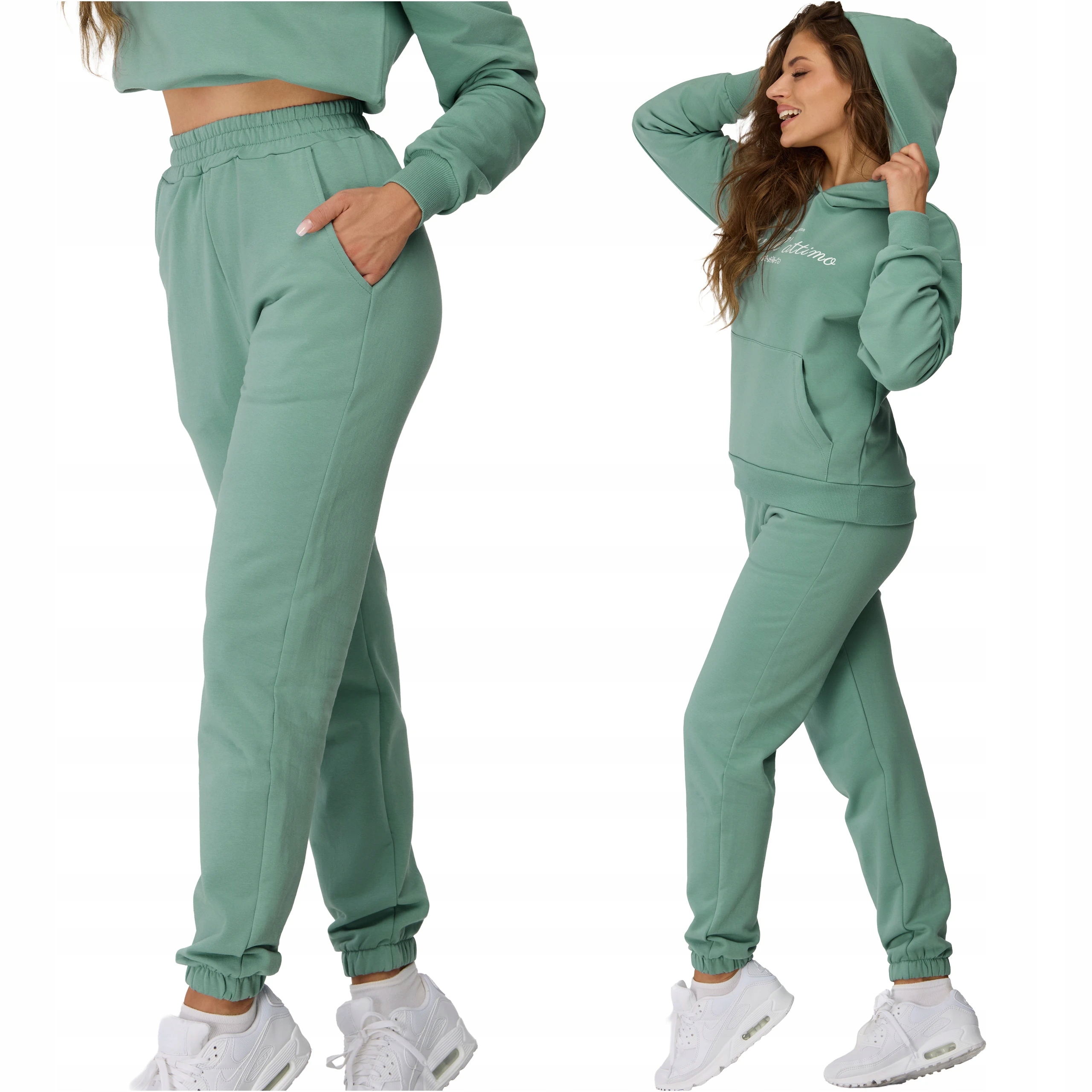 Spodnie dresowe damskie bawełniane jogger zielone z kieszeniami 6XL