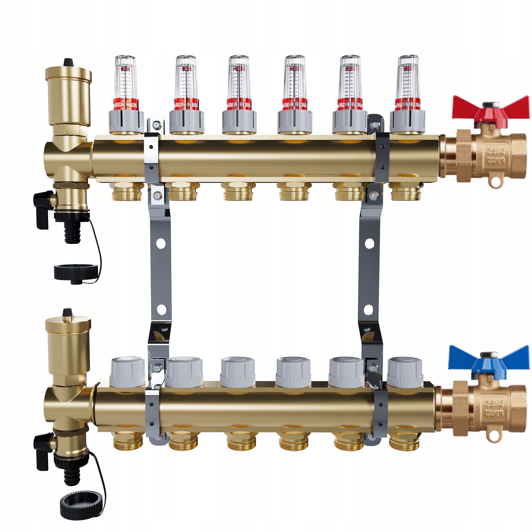 Rozdělovač pro podlahové vytápění – 6 okruhů jednoduché kulové ventily