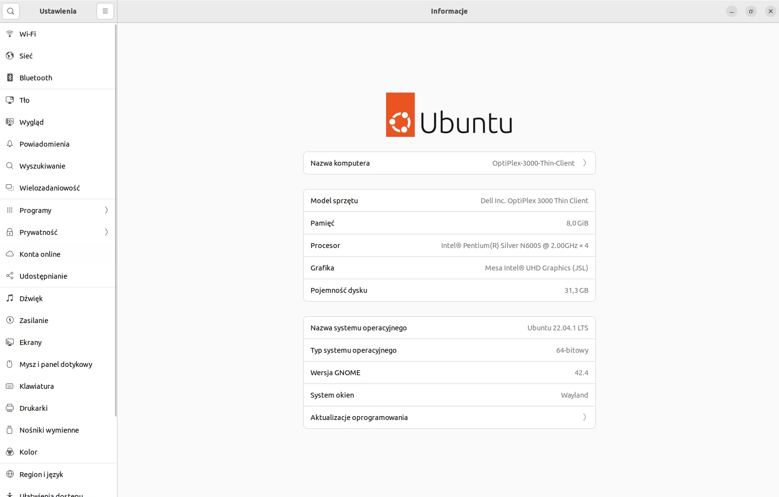 Dell Optiplex 3000 Thin Client Intel Pentium N6005 8GB PC4 32GB eMMC Wi-Fi System operacyjny Linux