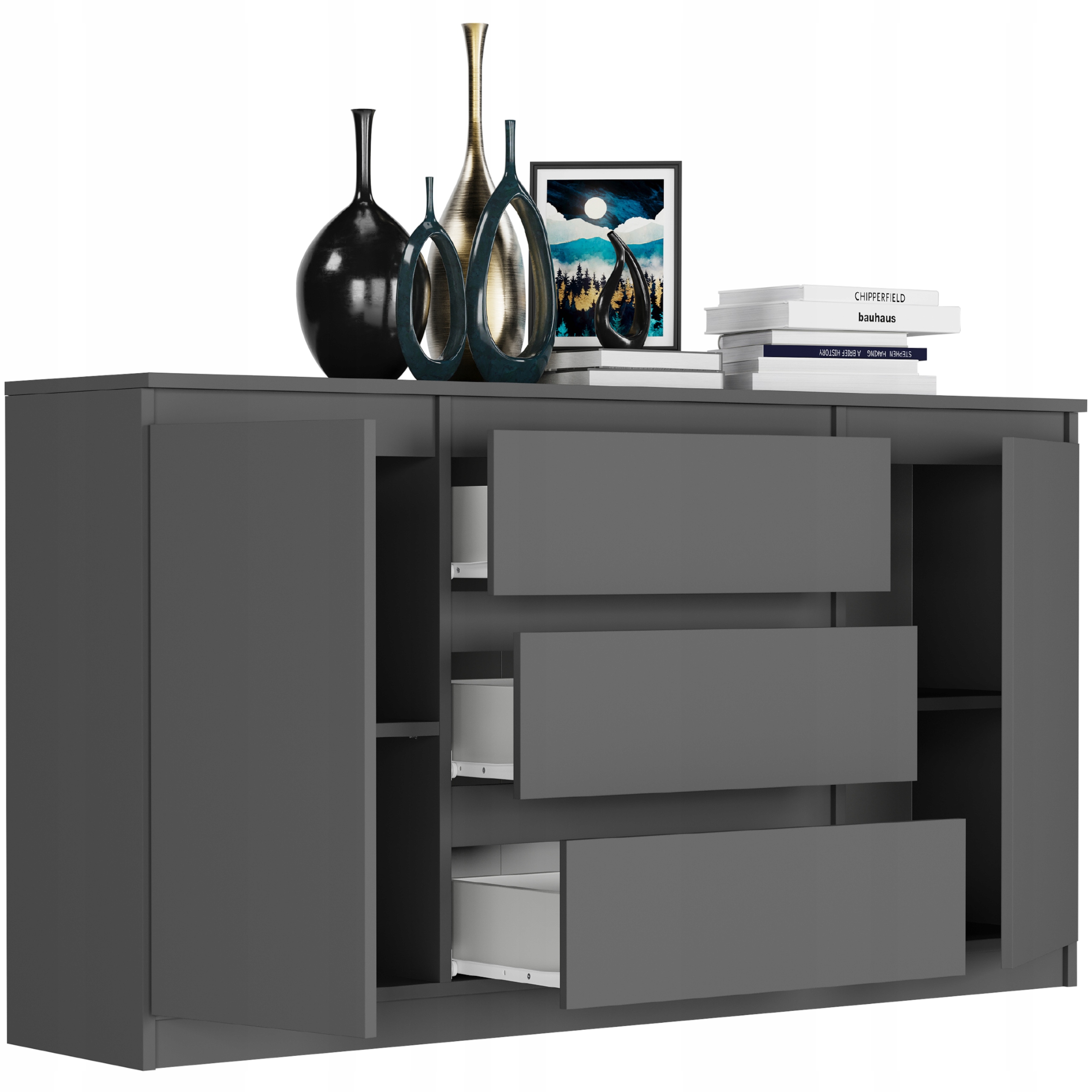KOMODA 140 SZAFKA 3 SZUFLADY 2 PÓŁKI R-140-S3 ANTRACYT
