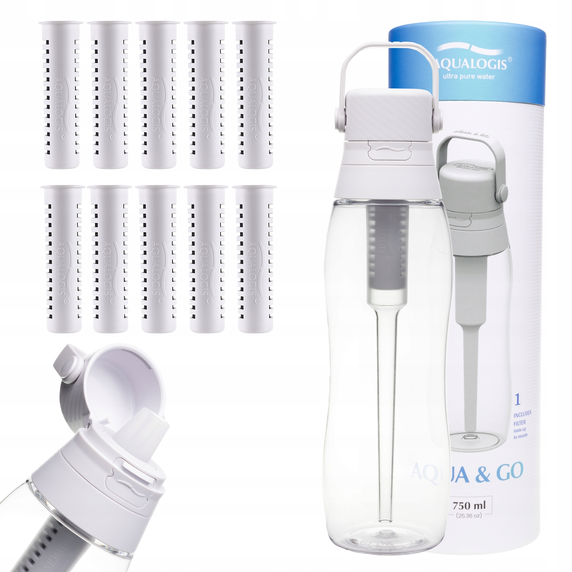 Filtrační láhev Aqualogis Aqua&Go 750 ml Bílá s 10 filtry