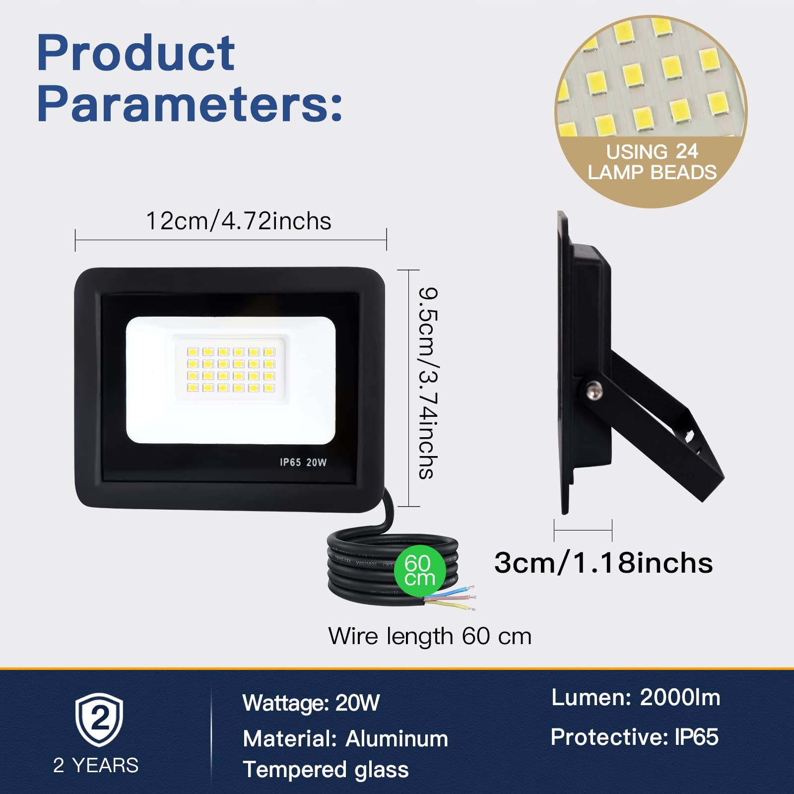 Reflektor LED Zewnętrzny Wodoodporny Ogrodowy Czarny 20W 2000LM IP65 FUPE — miniatura 5