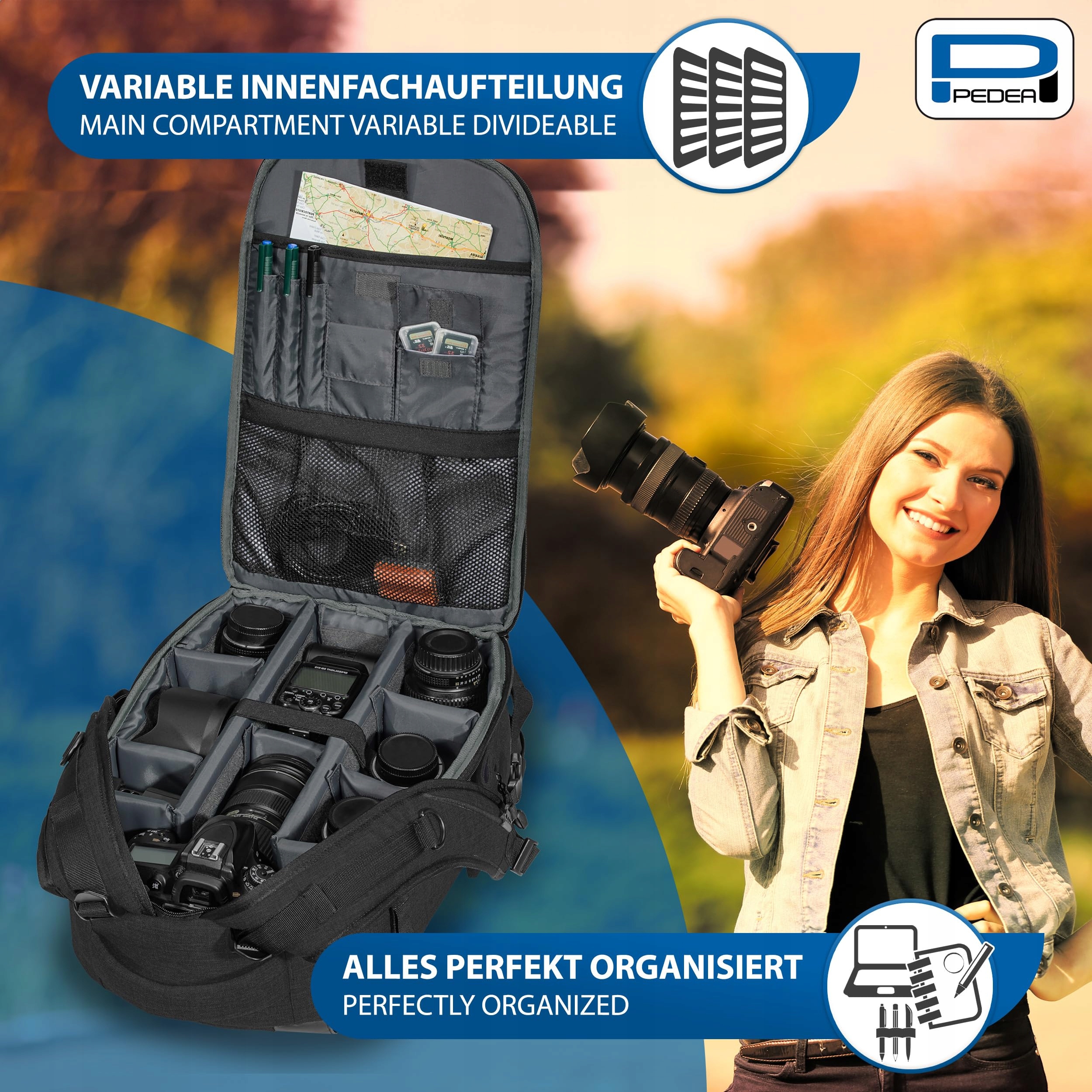 PEDEA Plecak Na Aparat DSLR Wodoodporny Czarny Regulowane Przegrody — miniatura 5