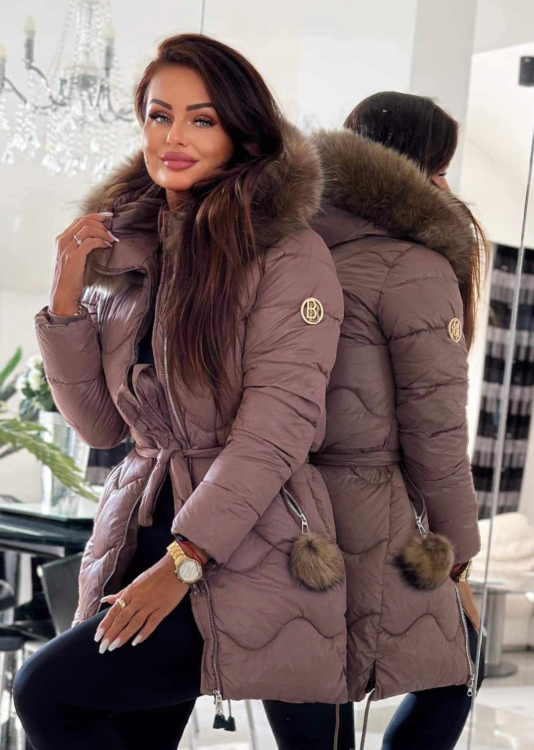 Płaszcz ,kurtka zima, zimowy ortalion,pasek, FUTRO, CZEKOLADA M/L