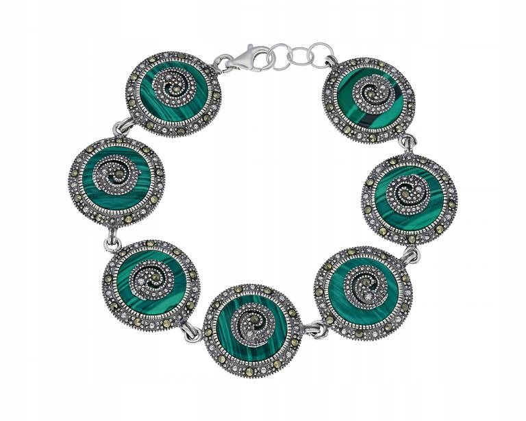 Dámský stříbrný náramek zelený malachit markýzy pr.925