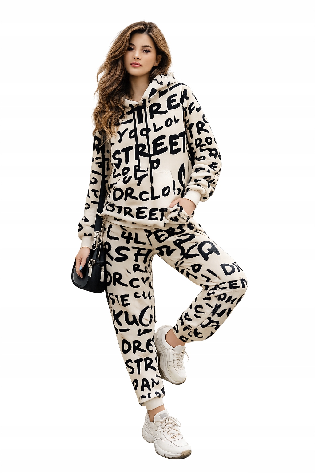 0013 Komplet Dresowy Oversize Street Bluza Spodnie Welur Beżowy