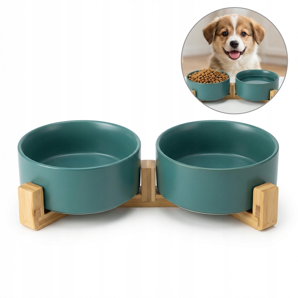 Levně Keramická dvojmiska pro psy s bambusovým stojanem, 2x400ml, zelená