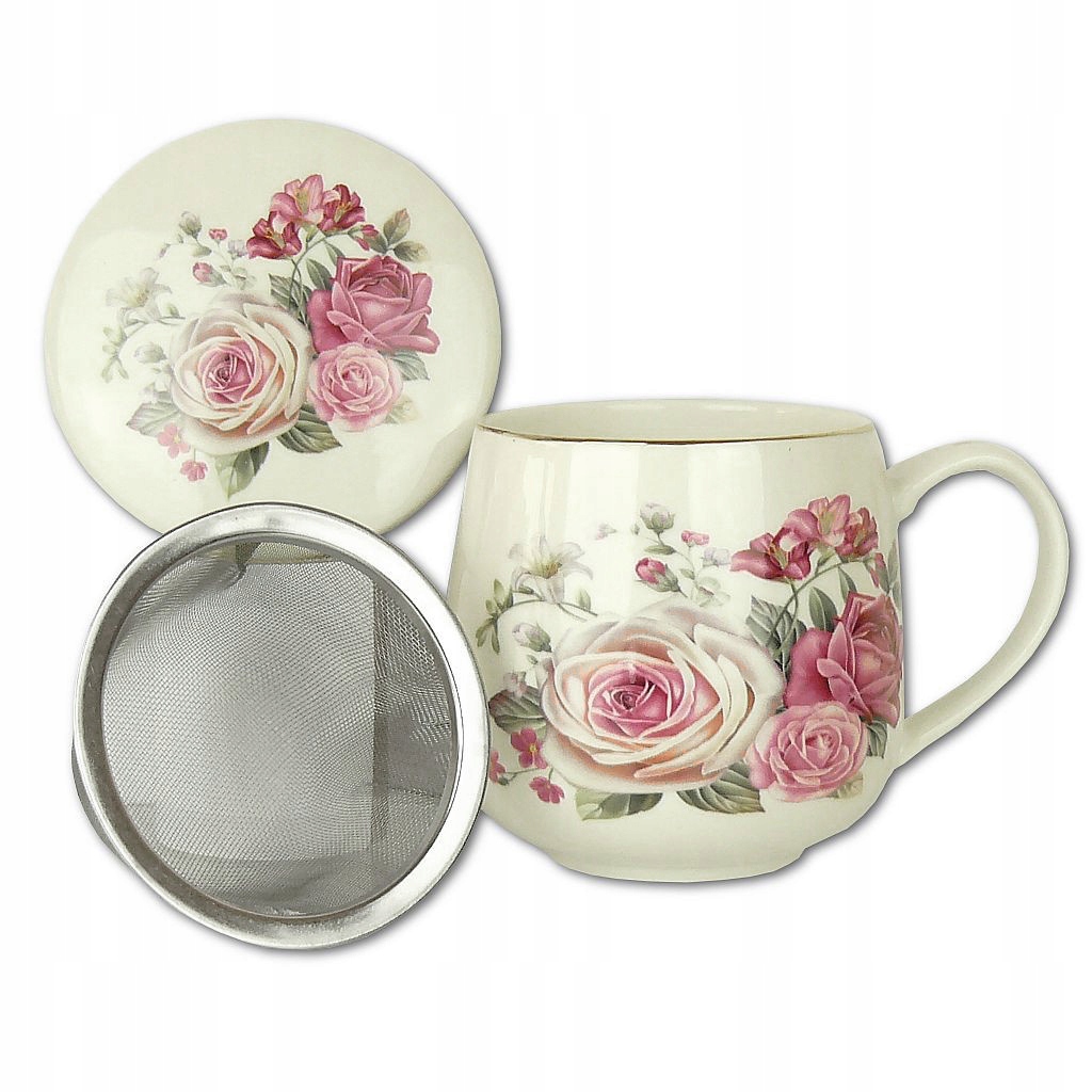

Komplet kubek beczułka z sitkiem do herbaty róże