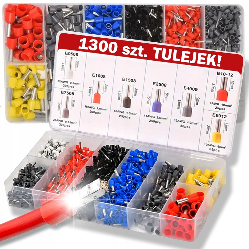TULEJKI KOŃCÓWKI IZOLOWANE KABLI PRZEWODÓW ZACISKOWE 1300 SZTUK KOLORY