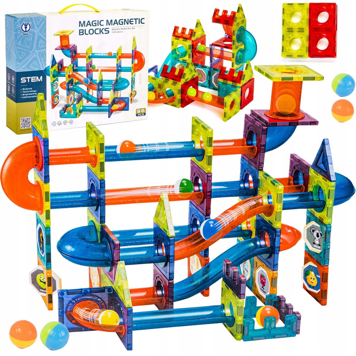 KLOCKI MAGNETYCZNE Układanka 3D 96 el. ZJEŻDŻALNIA TOR KULKOWY KULODROM