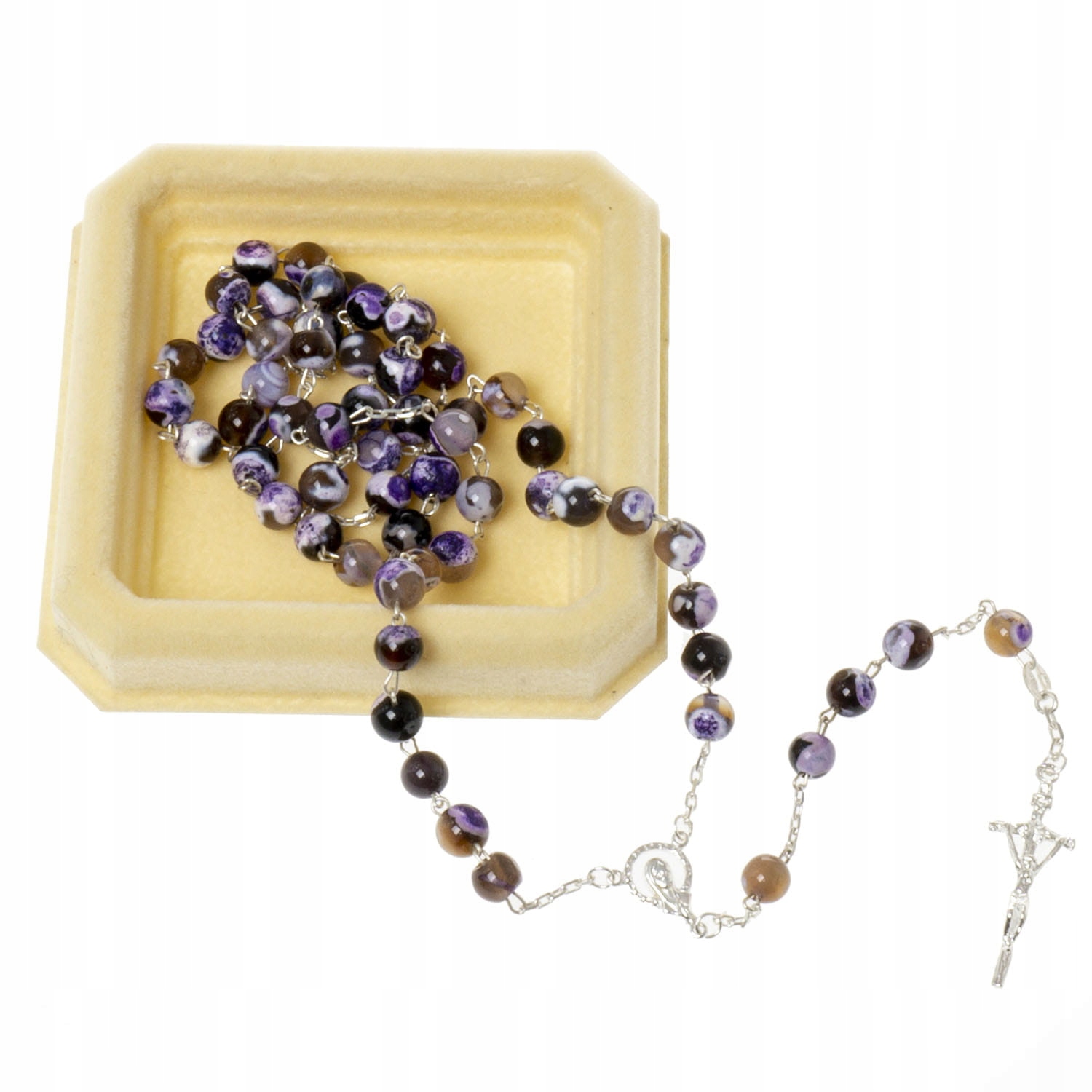 Stříbrný růženec z drahých kamenů Agát dračí oko fialová dárek