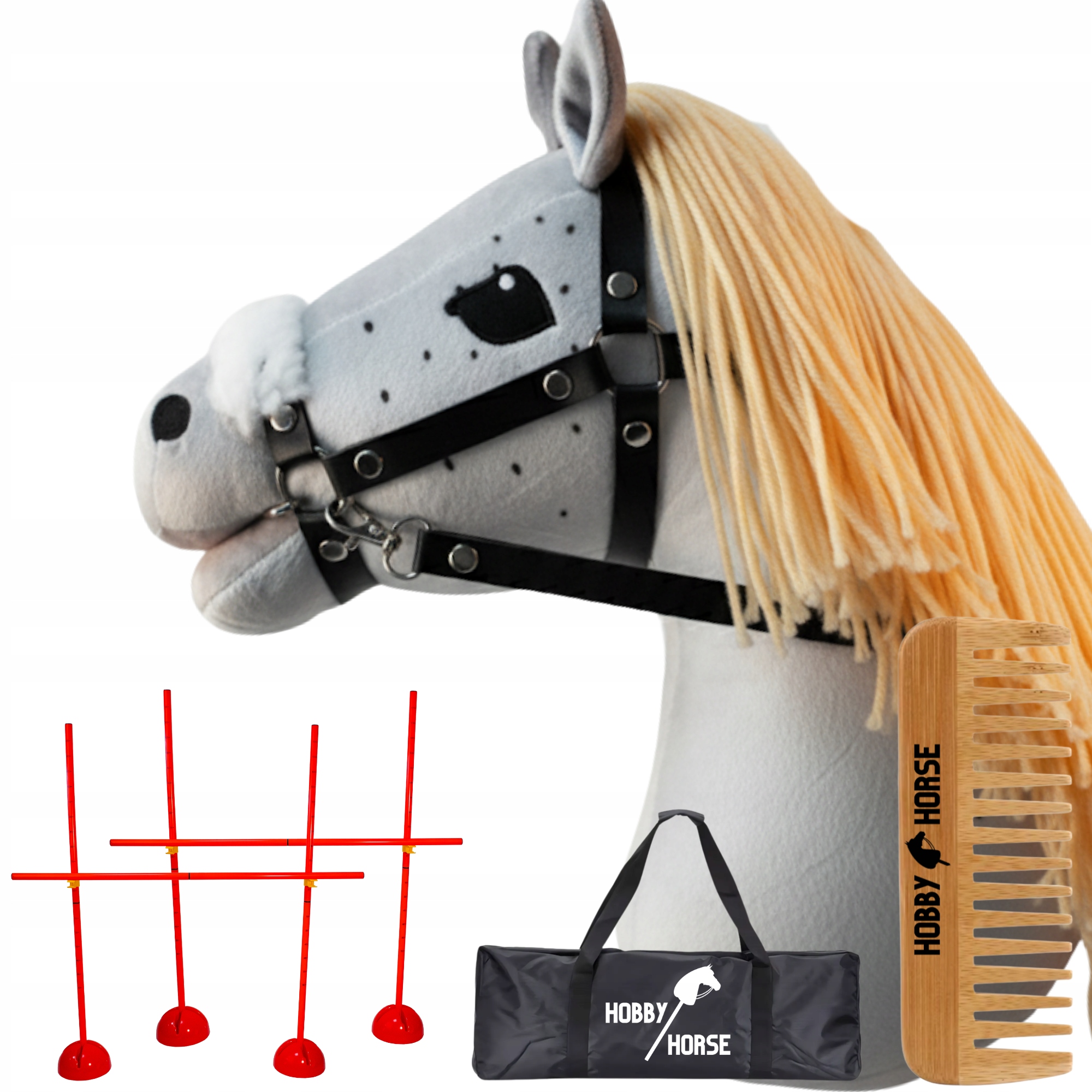Zestaw Hobby Horse Koń Na Kiju A4 2x Przeszkoda Do Skakania 120CM Grzebień