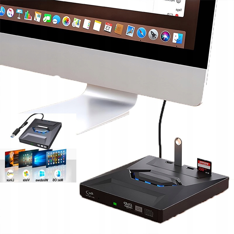 Zewnętrzny napęd CD, Dvd-rom, Usb 3.0 typu C do komputera laptopa 8x 24x