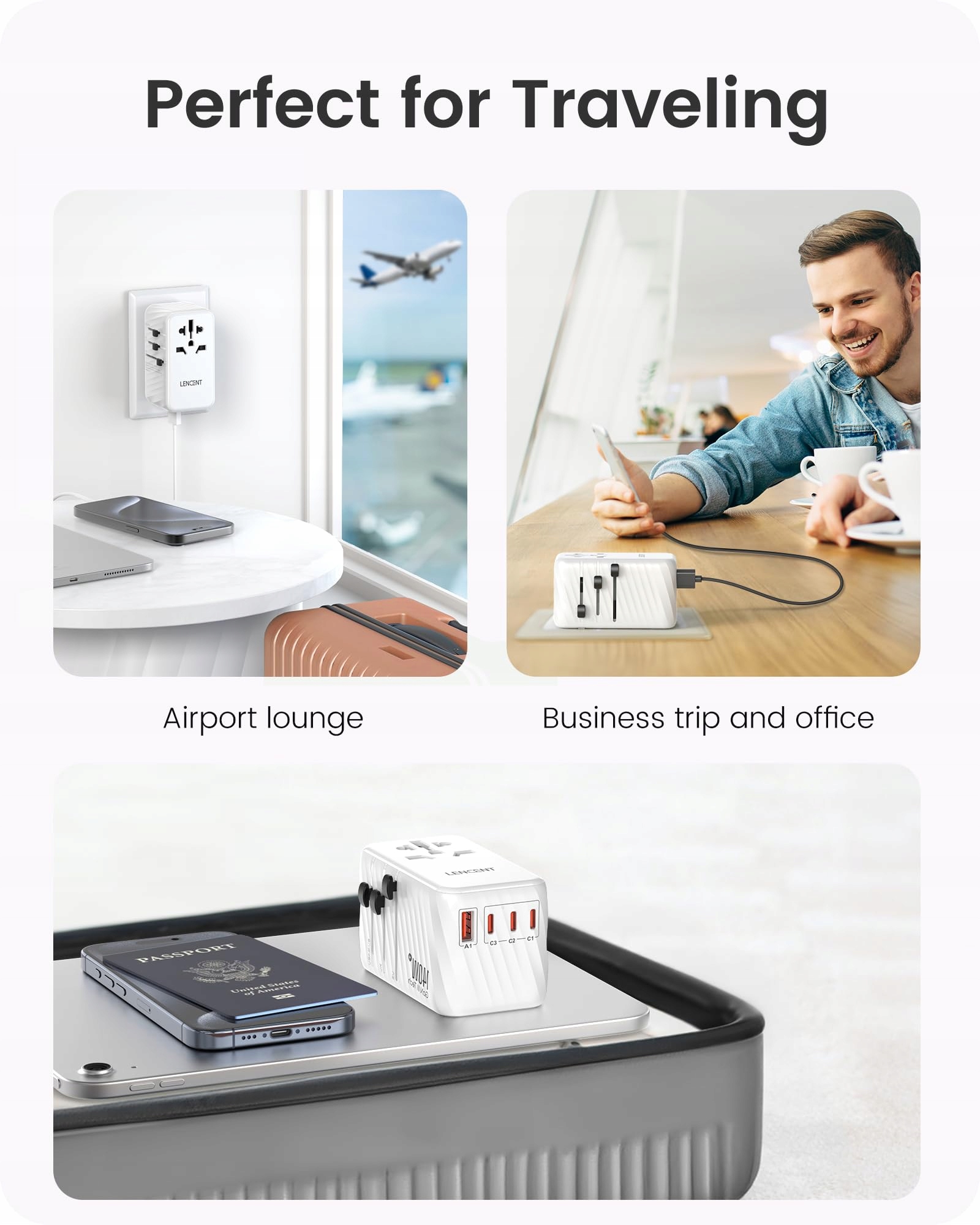 LENCENT Adapter Podróżny 140W GaN3 Uniwersalny z 3x USB C i 1x USB A — miniatura 7