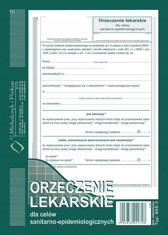 

855-3 Orzeczenie Lekarskie Sanitarno Epidemiologic