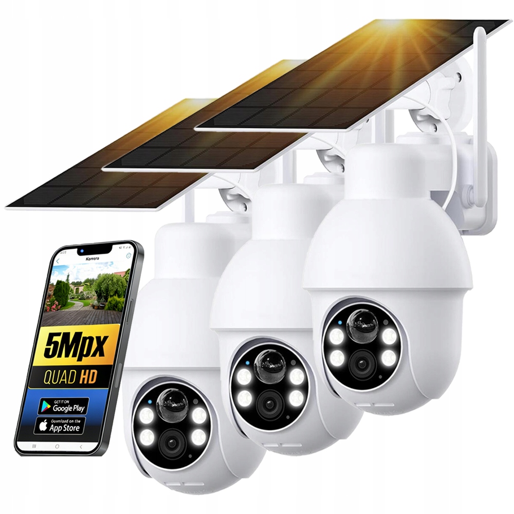 3 kusy Wifi Solární Kamera 5MPX Venkovní Otočná Ip Bezdrátová Ptz