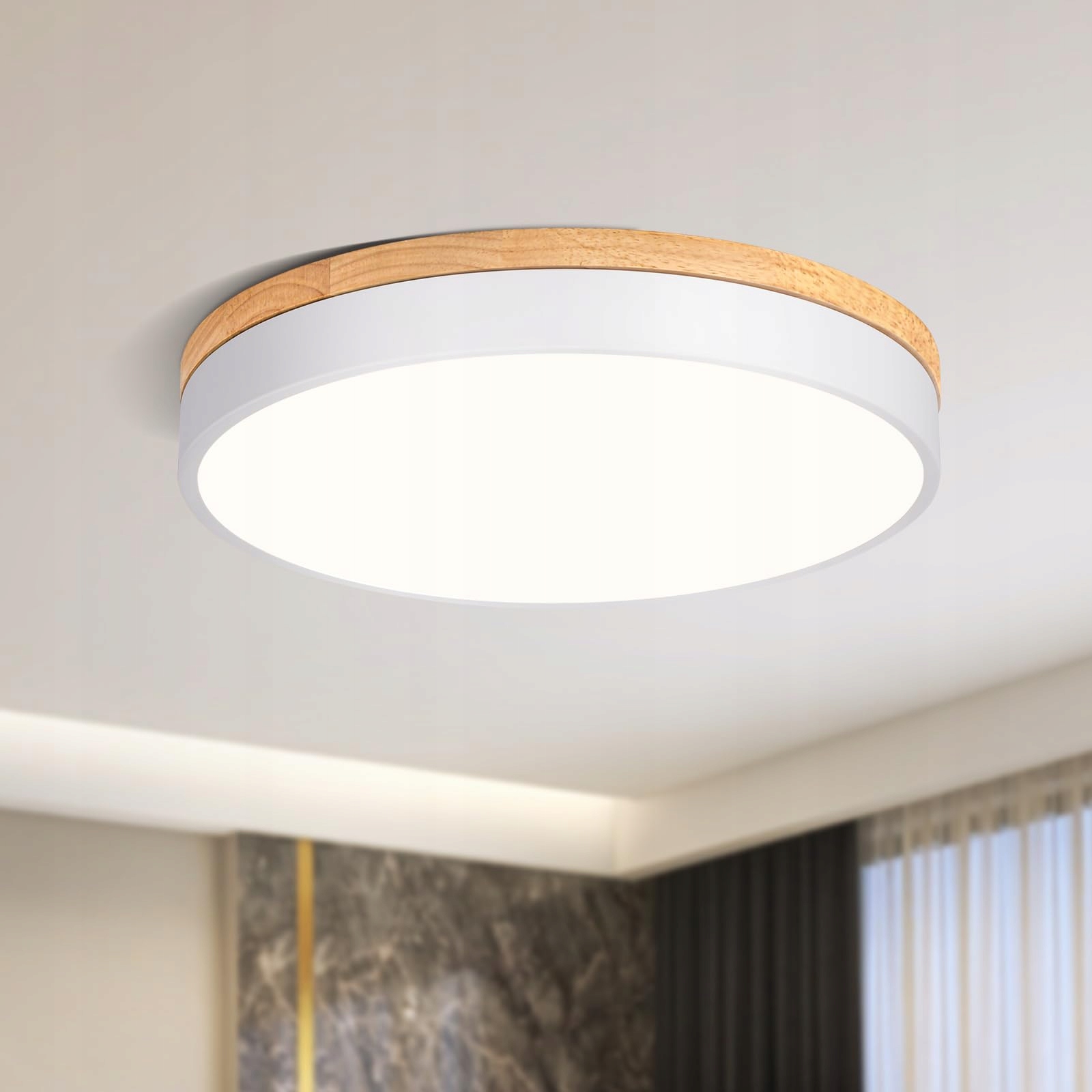 Qamra Lampa Led Sufitowa Biała 40cm 36W z Drewnem do Salonu Sypialni