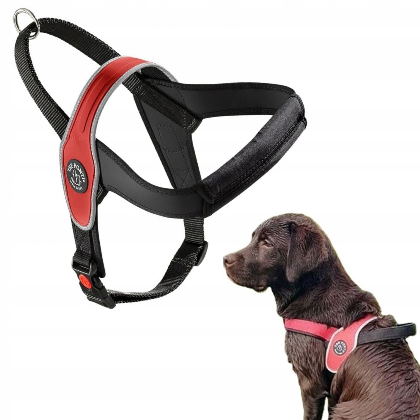 Szelki dużego psa Labrador L 75-95cm Tre Ponti czerwone Z Odblaskami mocne-Zdjęcie-0