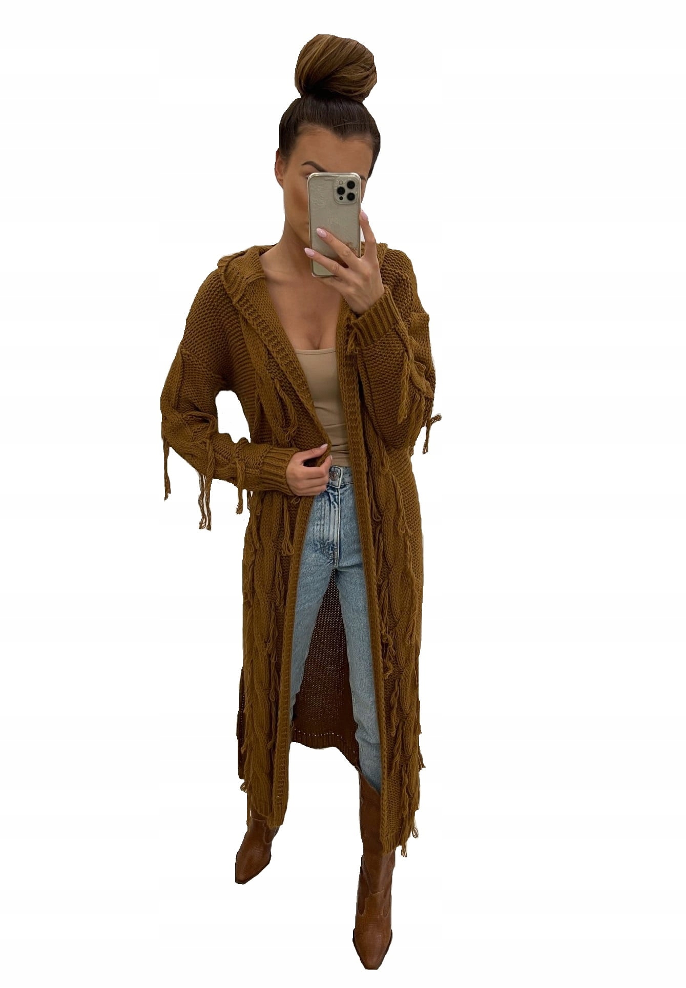 

Długi kardigan z frędzlami camel Tmc Moda