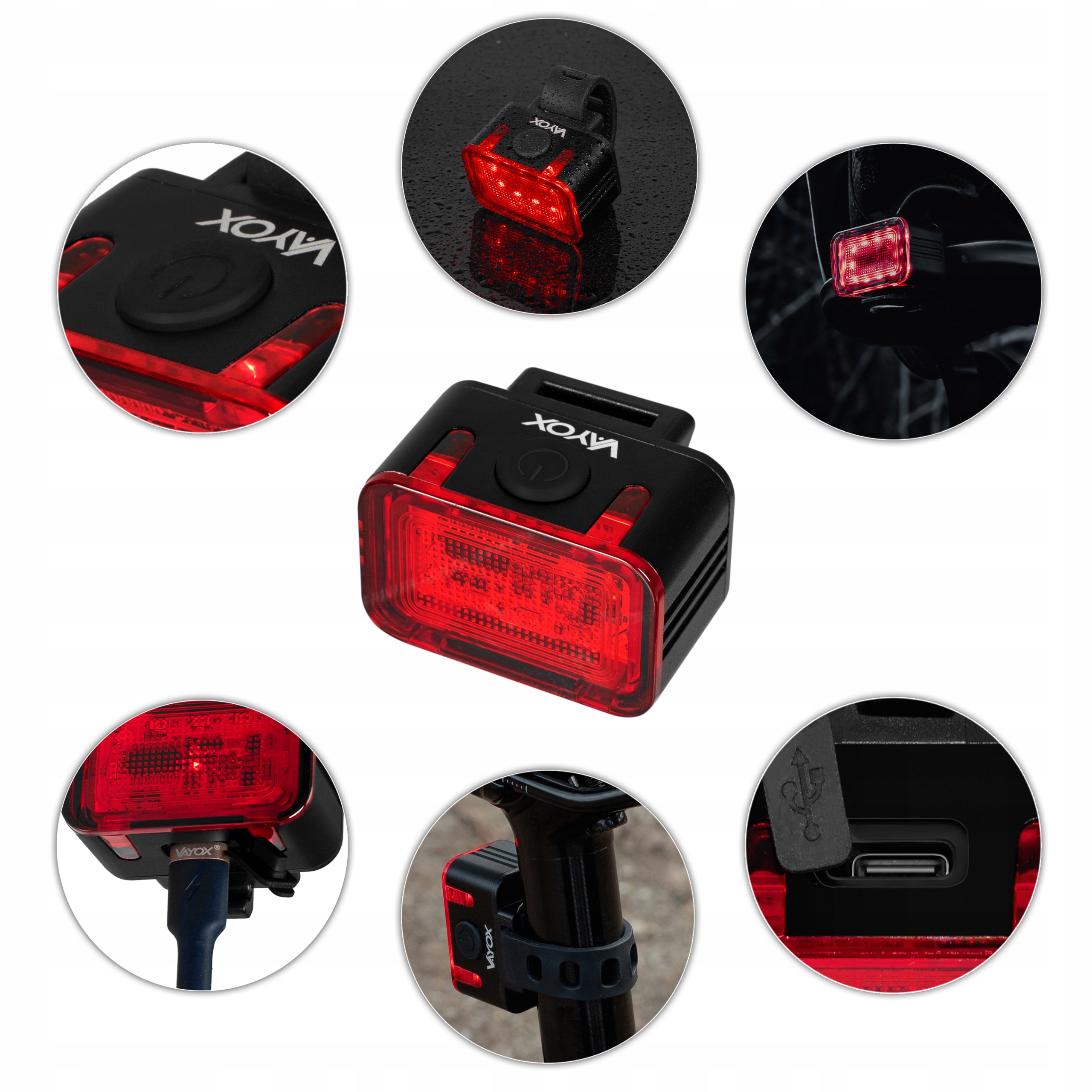 LAMPKA ROWEROWA TYLNA ŚWIATŁO LED NA ROWER CZEROWNE WODOODPRONA USB-C VAYOX Kod producenta VA0152
