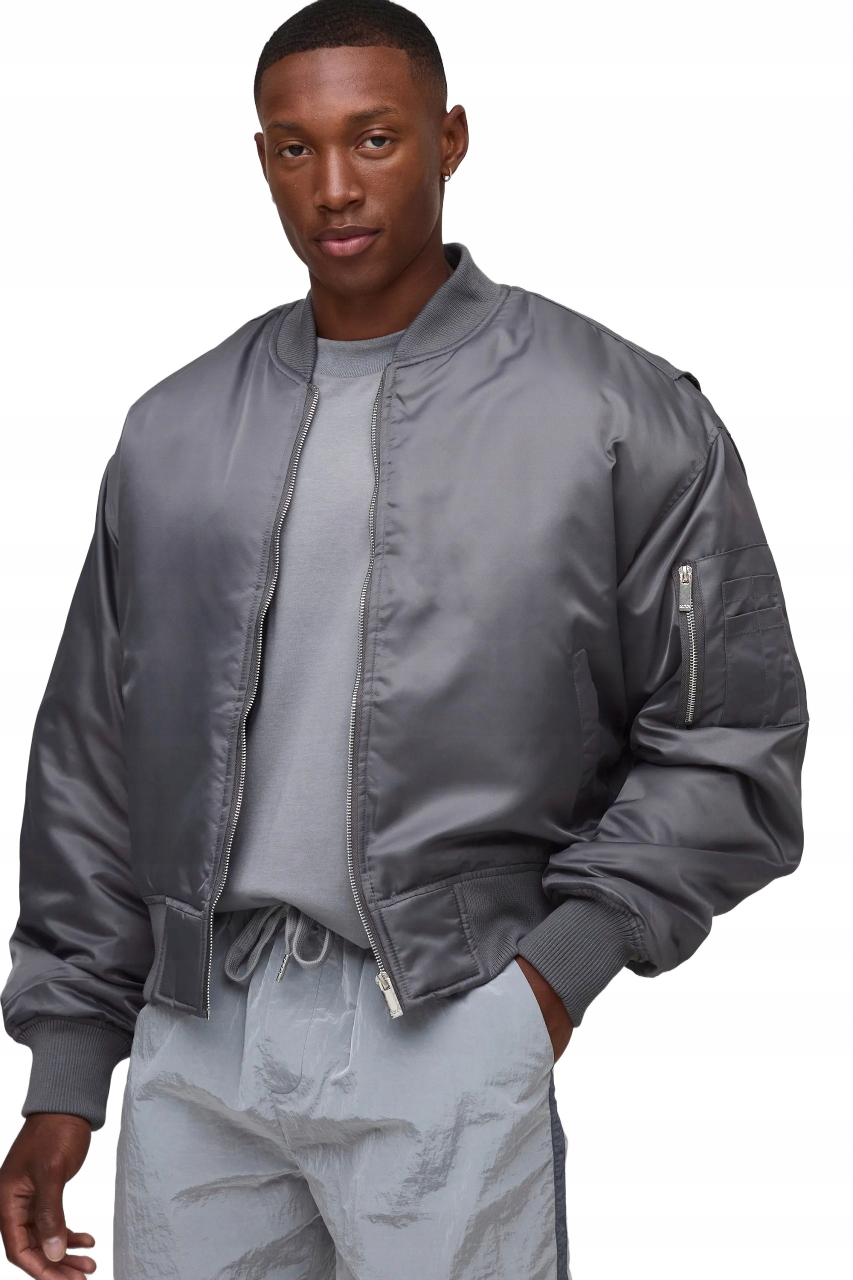 Boohooman Pánská Bomber Bunda Šedá S Kapsou Na Rukávu XL Z3A