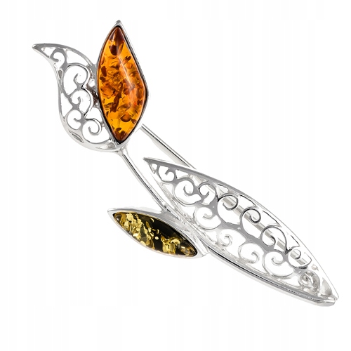 Tulipán stříbrná brož ažur Květina z přírodního baltský jantar stříbro 925