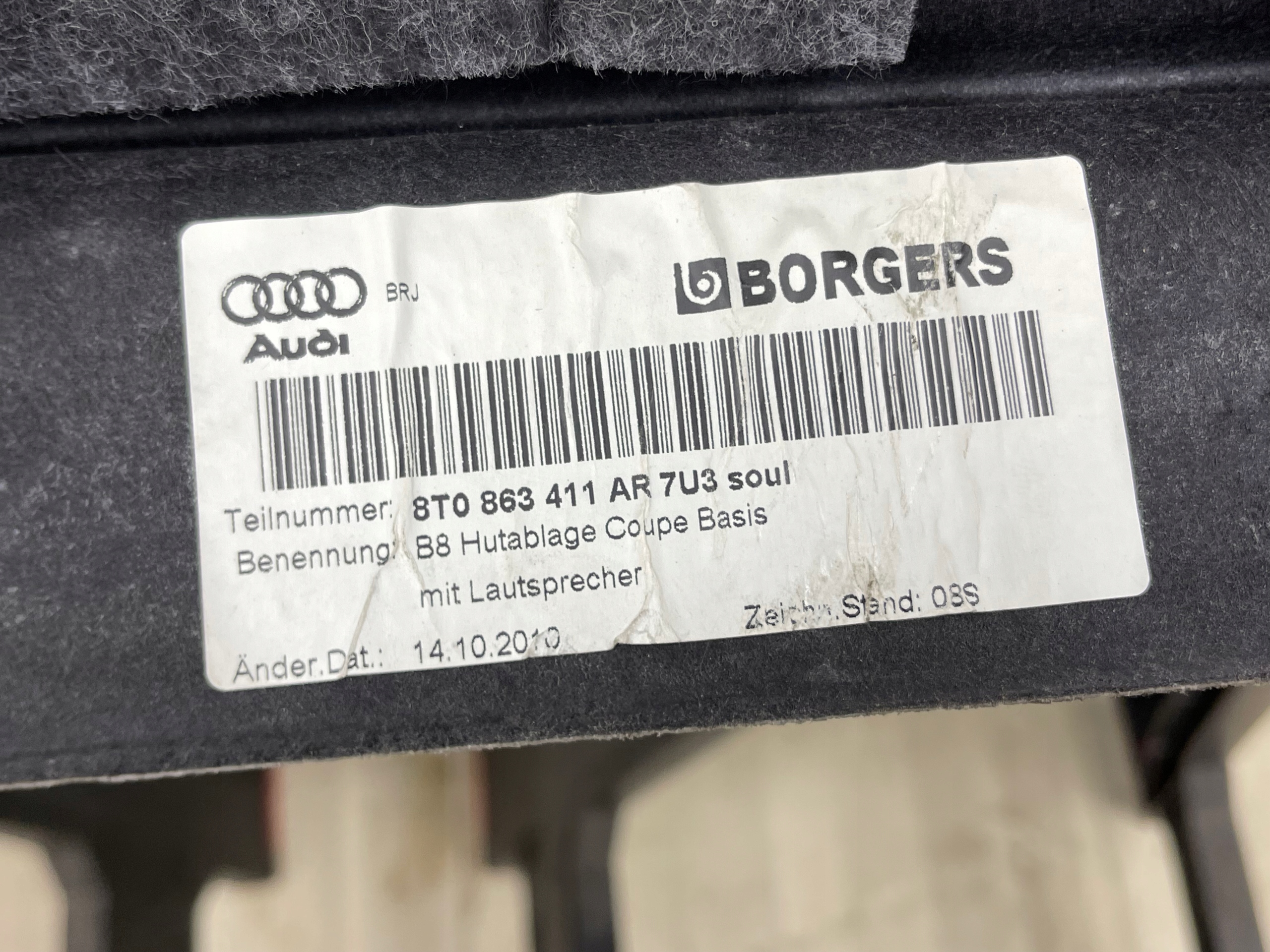 Abdeckung, Hutablage hinten heck AUDI A5 8T COUPE 8T0863411AR