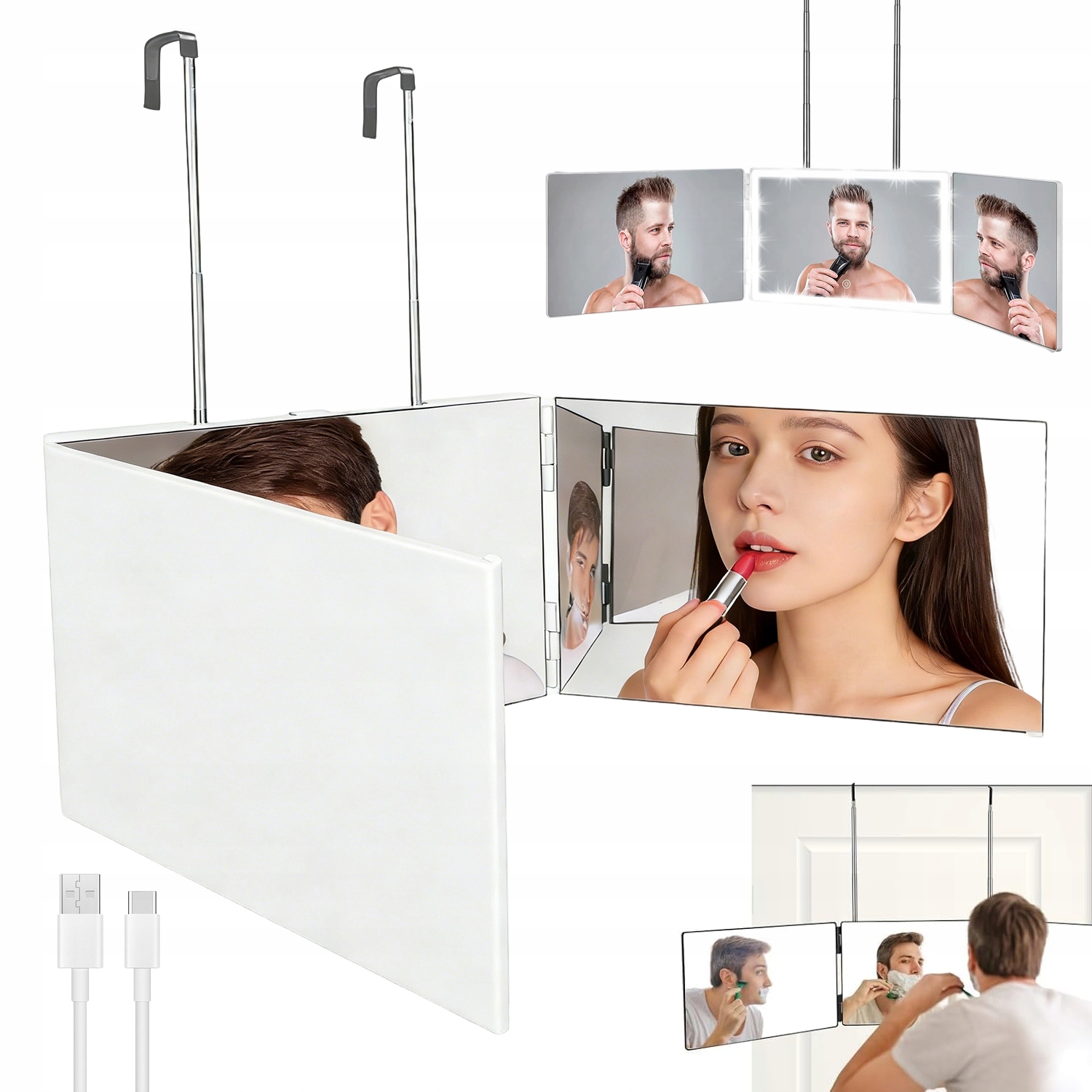 Zrcadlo 3 Cestné S Led Osvětlením Sklo Skutečné Nastavení Výšky