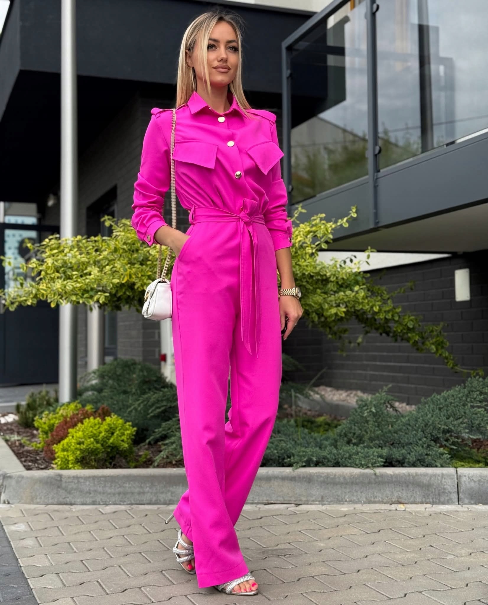 Elegantní dámský overal se zavazováním v pase Pásek Fuchsiová L