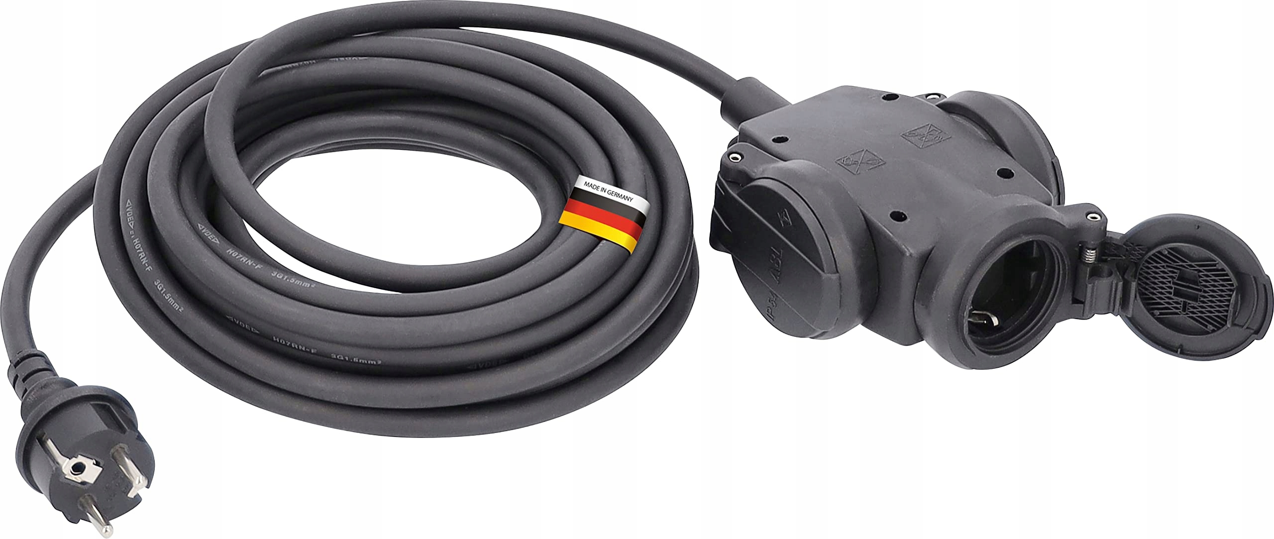 Gniazdo przedłużacza, 3-krotne Wersja z gumy, kabel 4,5 m z płaszczem gumow