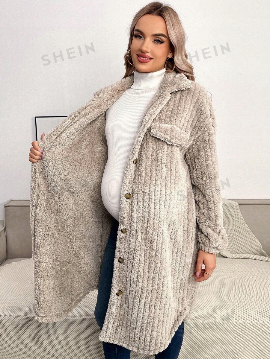 SHEIN MATERNITY PŁASZCZ DAMSKI PLUSZOWY BEŻOWY S 393 Wzór dominujący bez wzoru