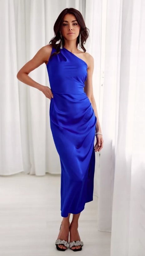 Celine – saténová midi šaty na jedno rameno, modrá, 36