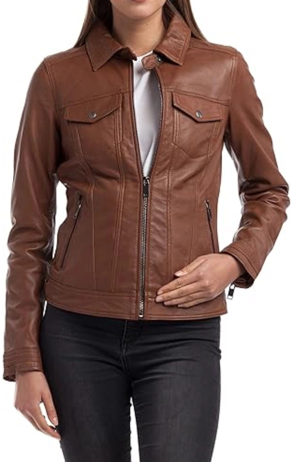 Kožená bunda Chyston dámská kožená hnědá klasická vel. XL