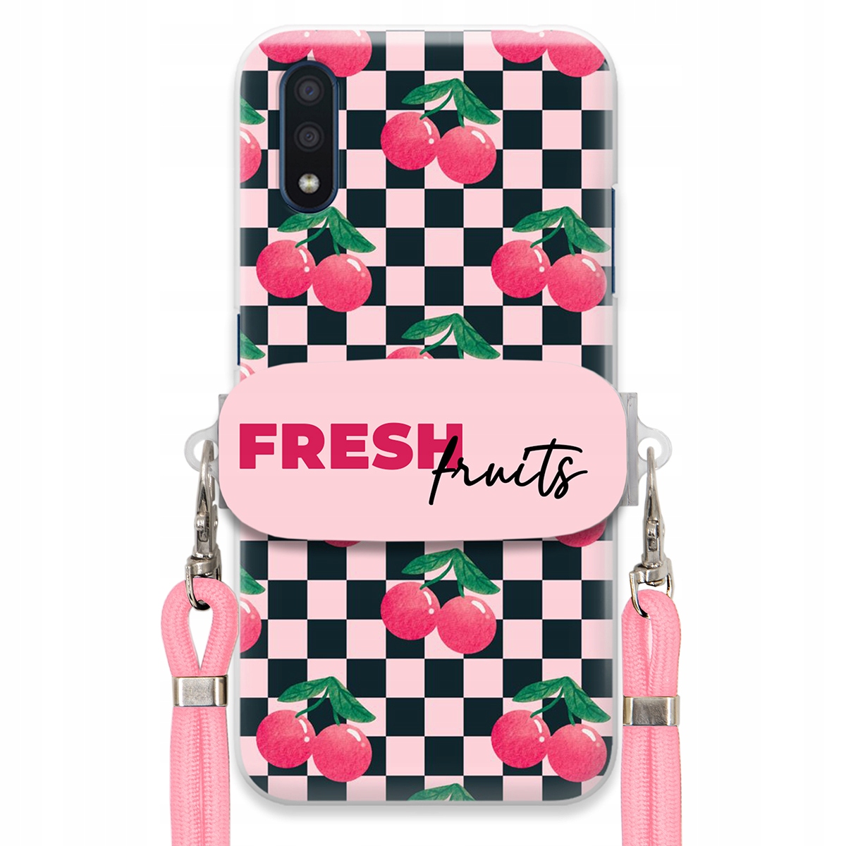 Puzdro pre Samsung A01 Vodítko Pink Crossbody Šachovnicový držiak Fresh Fruits