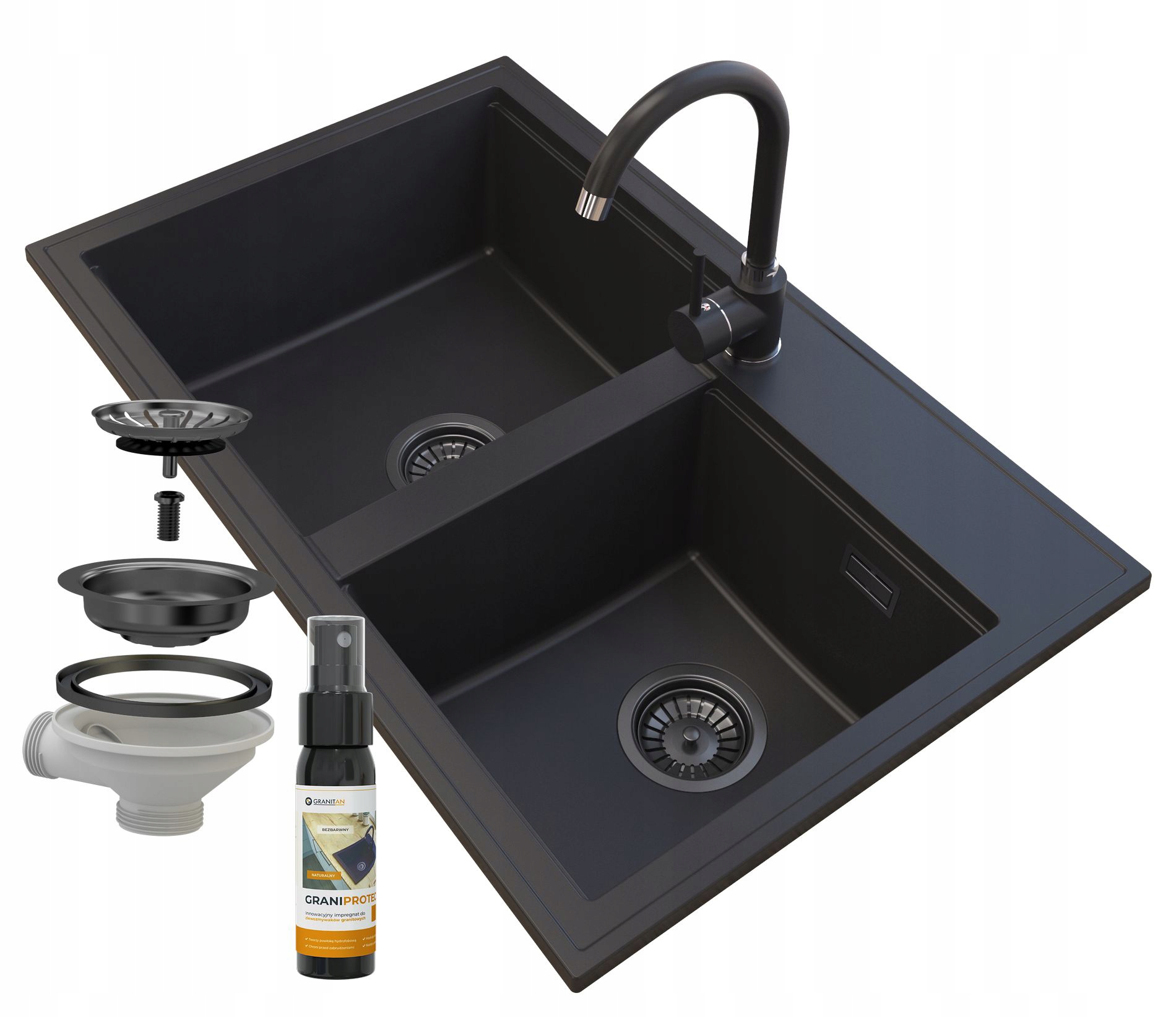 Dřez Granitový Černý Sifon Baterie Černá Hektor