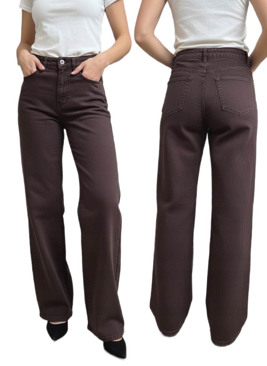 Spodnie Damskie Jeansy Dzwony Szerokie Wide Leg Czekoladowe Brązowe L