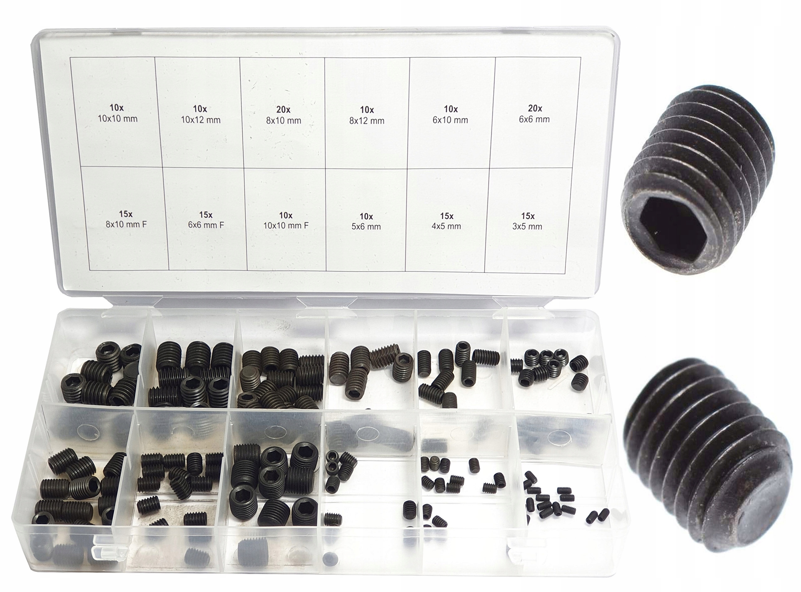 Śruby imbusowe bez łba Vorfal 160 szt. w opakowaniu sortownik