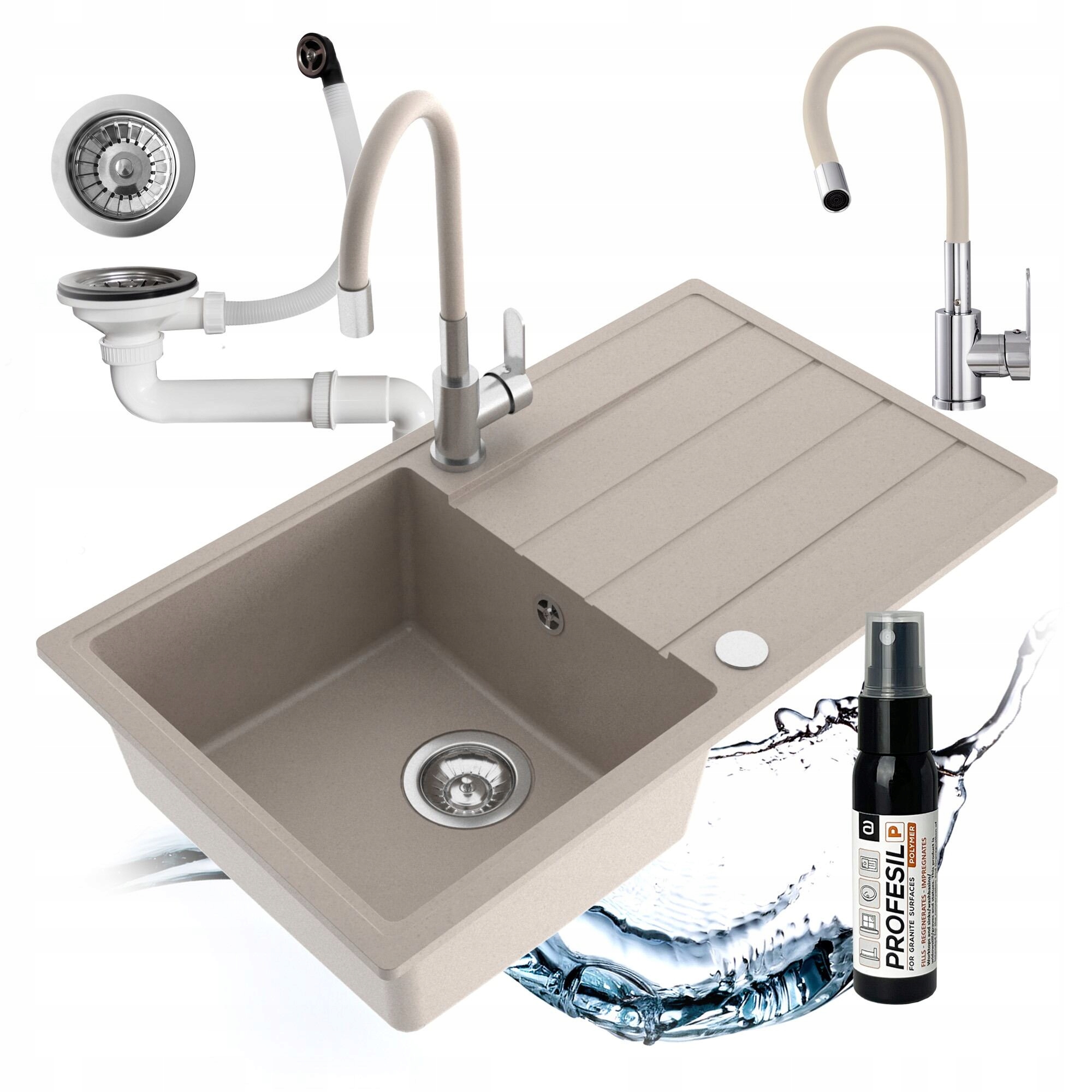 Granitový Drez Jednokomorový Metro Súprava Sifón Batéria Flexibilná