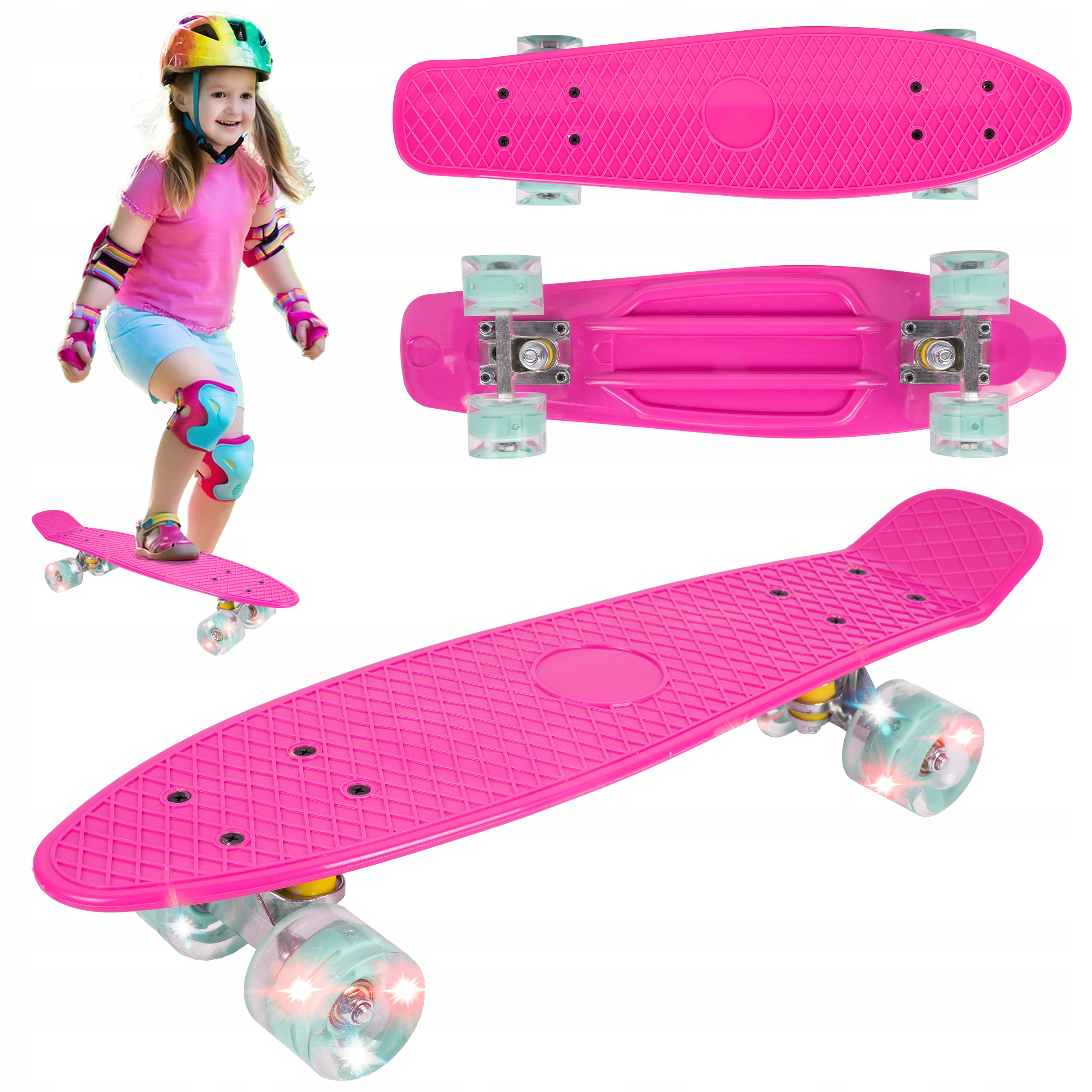 FISZKA DESKOROLKA DLA DZIECI ŚWIECĄCE KOŁA LED 65CM RÓŻOW MIETOWA ABEC7