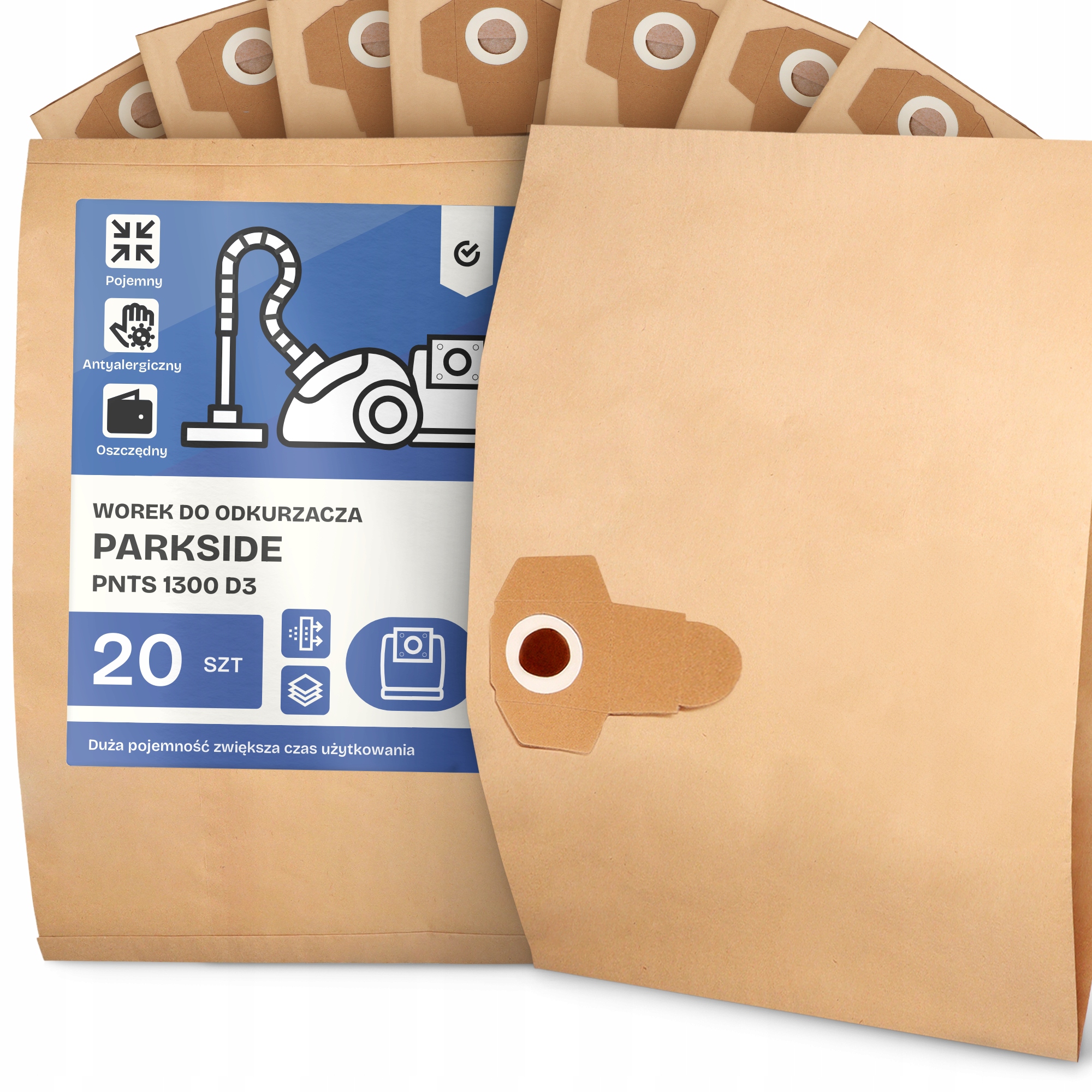20 x Sáček Do Vysavače Parkside Pnts 1300 D3 Papírový 2-vrstvový Sáček 2A