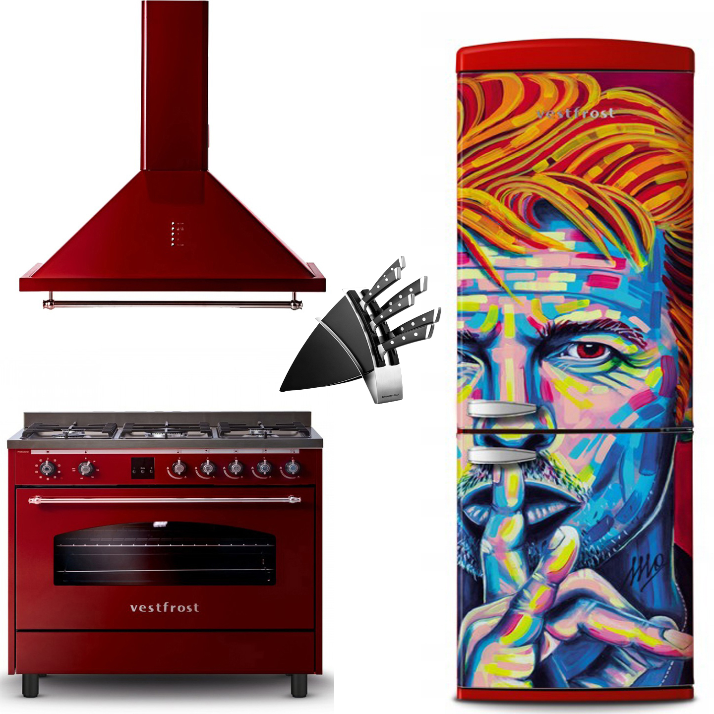 VESTFROST ZESTAW RETRO LODÓWKA+KUCHNIA+OKAP BORDO
