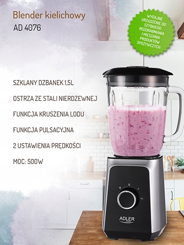 Blender Kielichowy AD 4076 1000W Szklany Dzbanek 1,5L Kruszenie Lodu