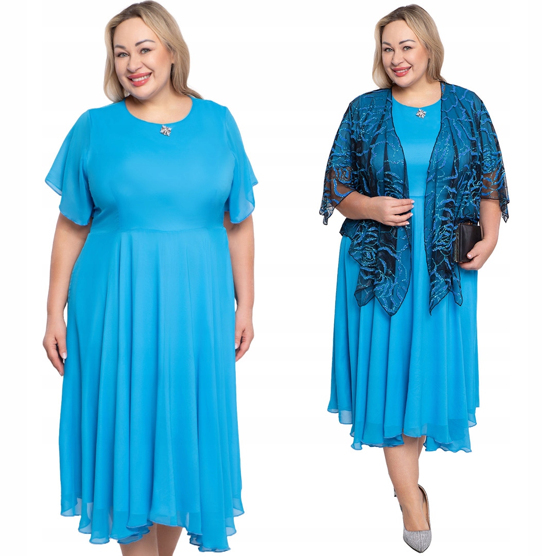 Šifonová modrá šaty s broží 52/54