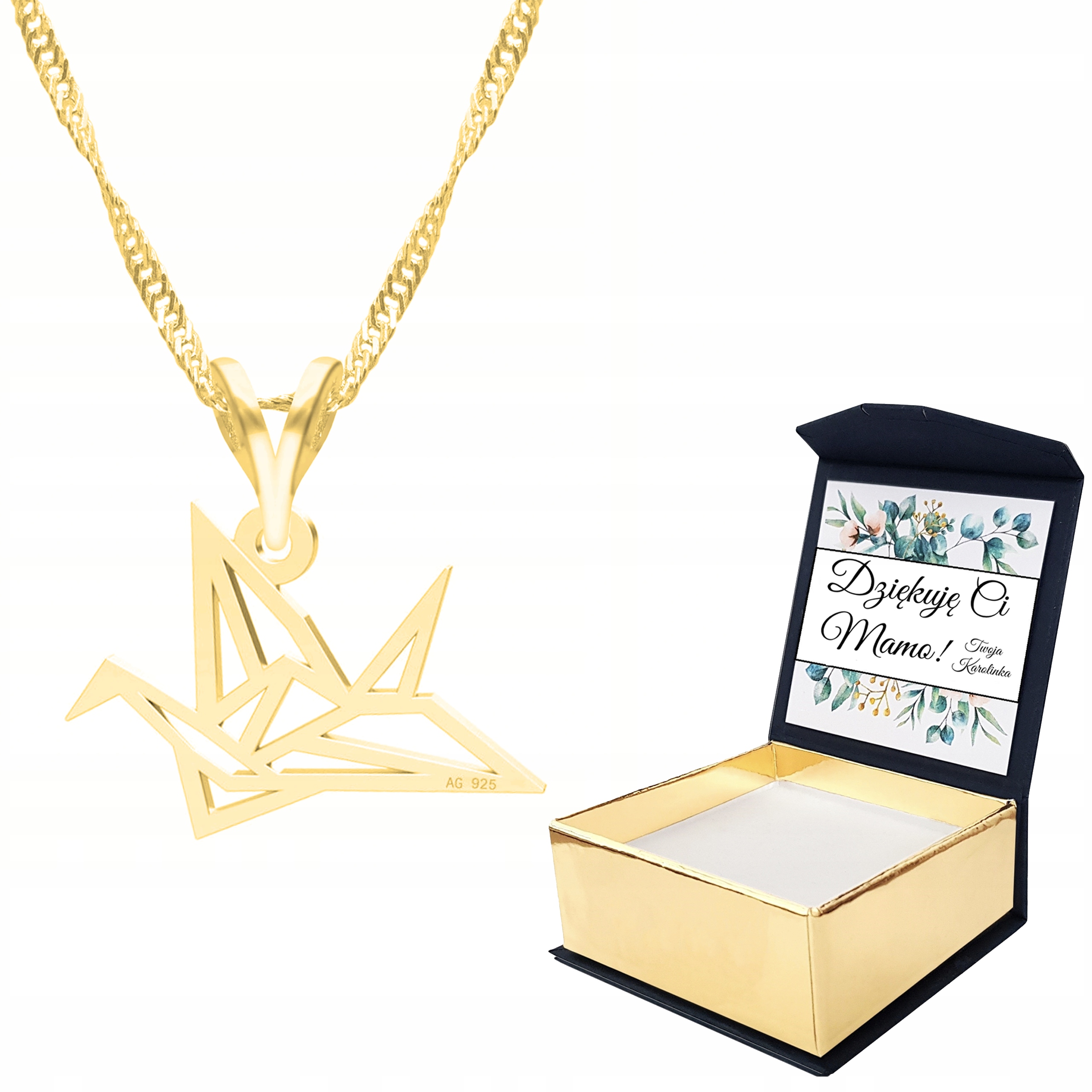Zlatý náhrdelník 925 Pták Origami Vlastní Potisk