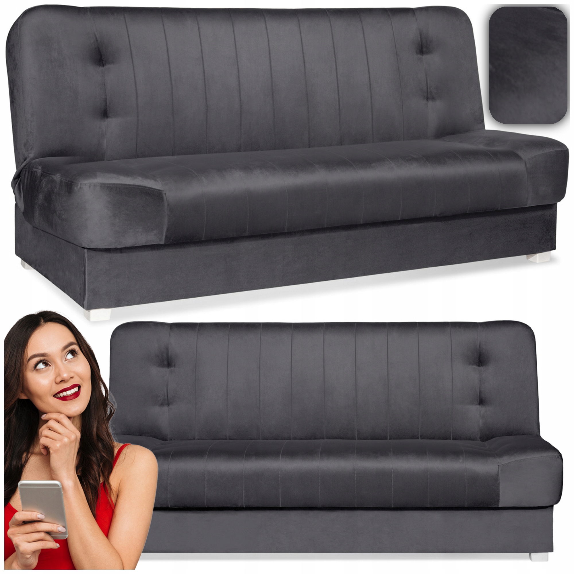 Wersalka Rozkładana Sofa Z Funkcją Spania Dwuosobowa Welurowa Szara Piano 2