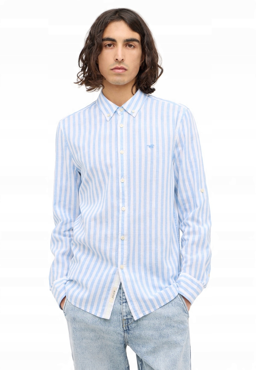 Pánská Pruhovaná Košile S Dlouhým Rukávem, Lněný Slim Fit Límec Mustang