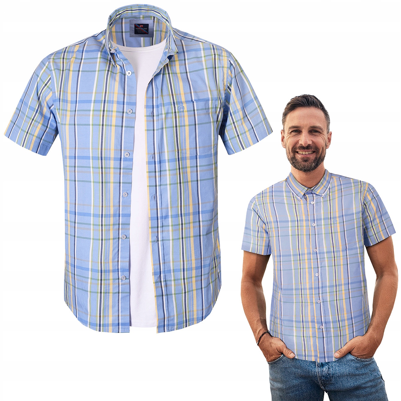 Pánská Kostkovaná Košile s krátkým rukávem Slim Fit Bavlněná L Pako Jeans